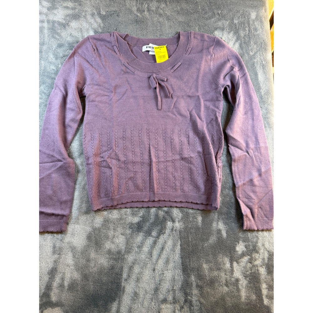 RSQ Tillys Girls Plum‎ Knit Sweater Bow Neck Cable Knit Trim Kids Large - Picture 2 of 8